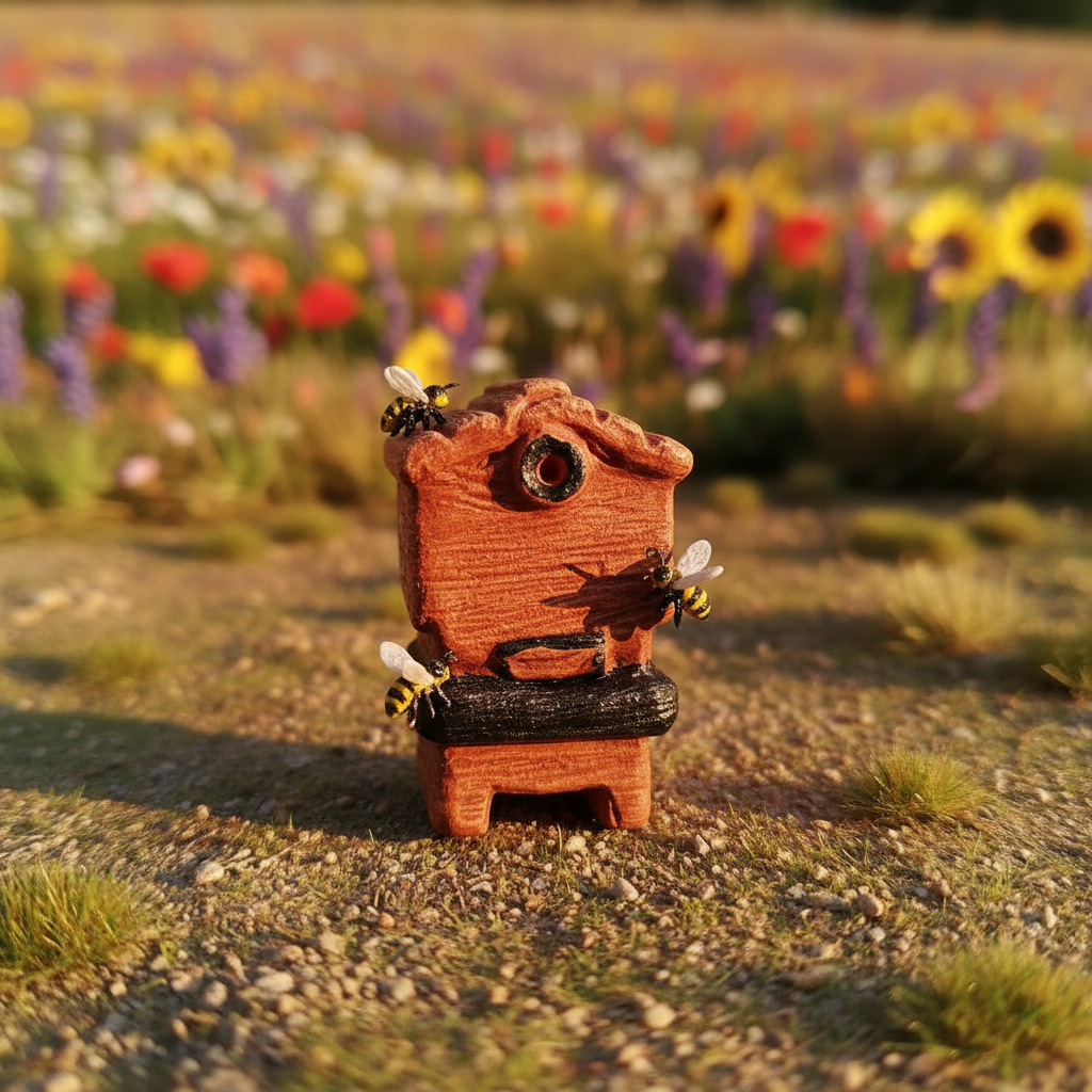Ruche artisanale provençale avec abeilles et fleurs