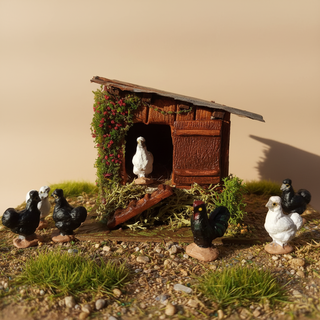 Poulailler artisanal pour crèche provençale avec poules miniatures sur sol herbe et terre