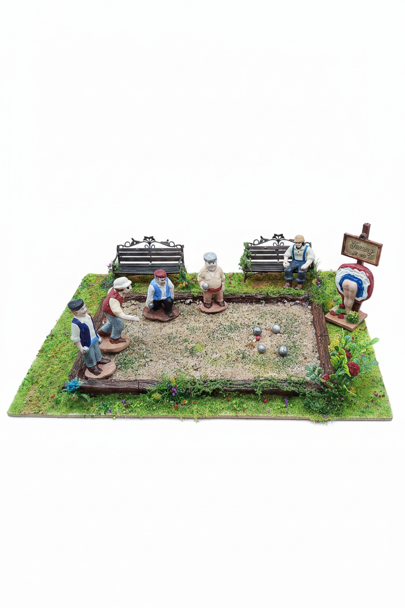 Terrain de pétanque façonné à la main – décor artisanal pour crèche provençale, compatible figurines 7 cm