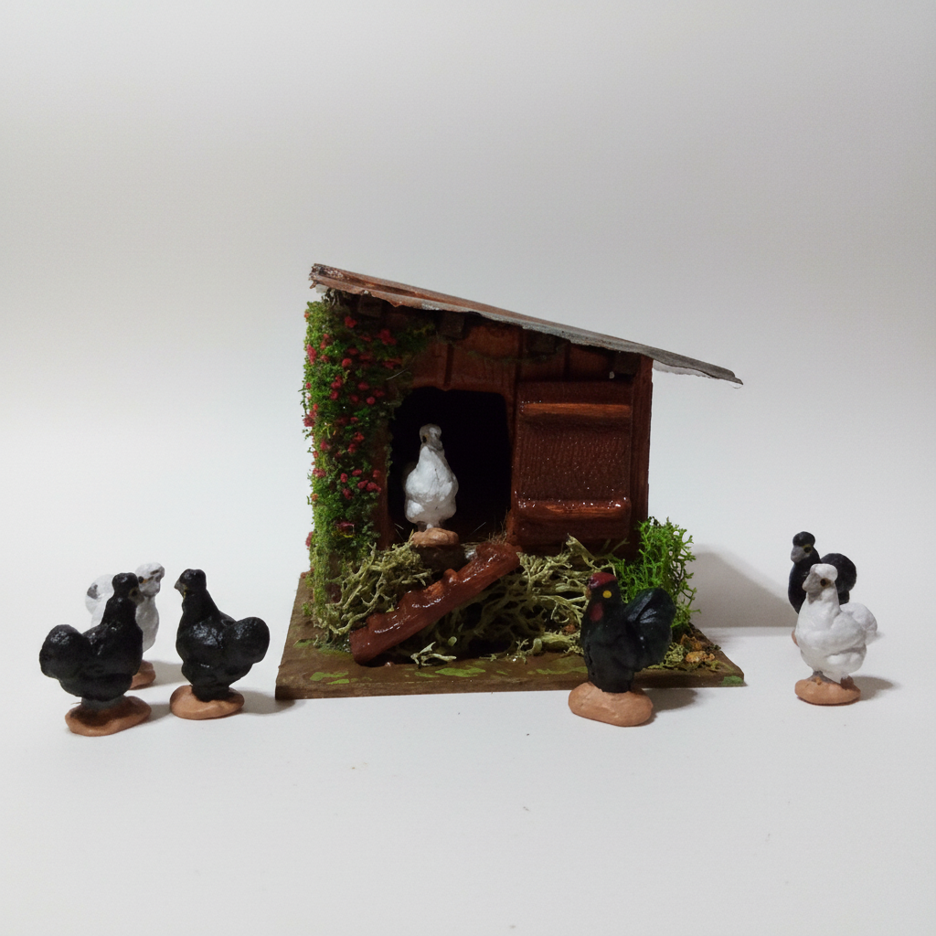 Poulailler artisanal pour crèche provençale avec poules miniatures peintes à la main
