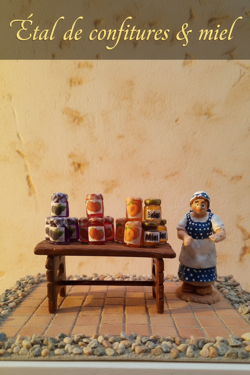 Étal de confitures et miel – Décor de crèche artisanal